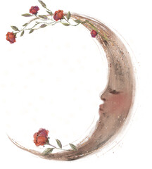 Witchcraft illustration of moon with face and flowers - 585092238