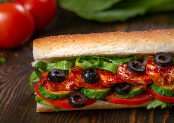 sandwich with olives and tomato, close up