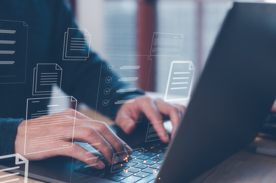 documentation management system concept, businessman working with computer laptop and document iocns, research and development, ckeck list,