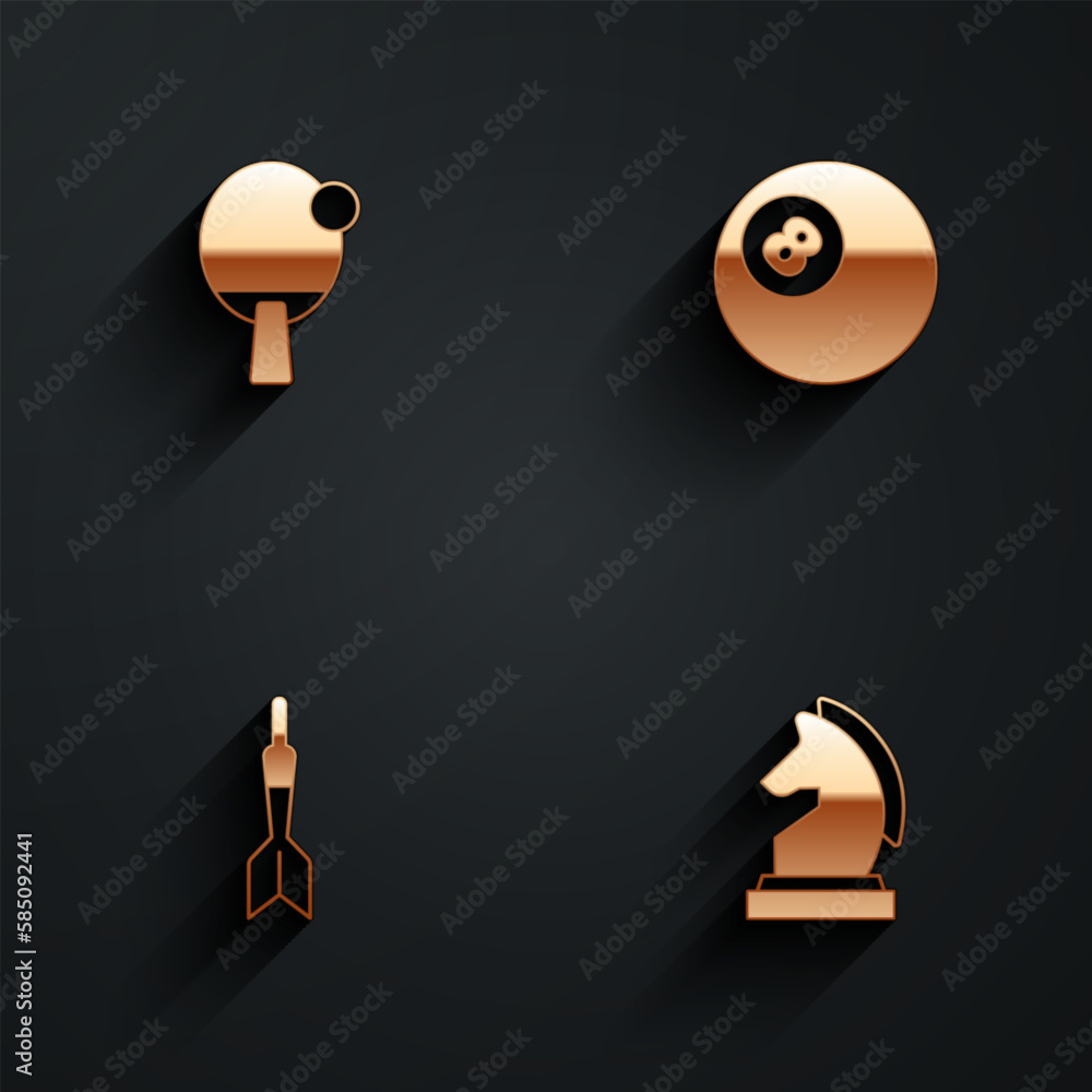 Poster set racket, billiard pool snooker ball, dart arrow and chess icon with long shadow. vector