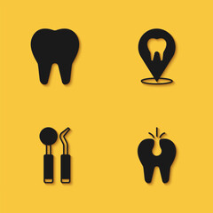 Set Tooth, Broken tooth, Dental mirror and probe and clinic location icon with long shadow. Vector