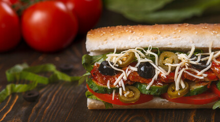 sandwich with olives and tomato, close up