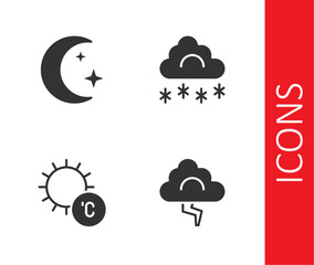 Set Cloud and lightning, Moon stars, Sun and with snow icon. Vector