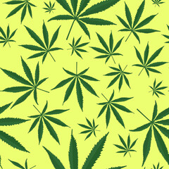 Seamless pattern with green cannabis leaves on a light green background.