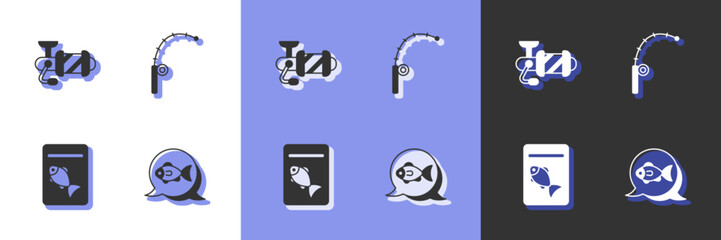 Set Fish, Spinning reel for fishing, Served on plate and Fishing rod icon. Vector