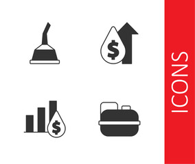 Fototapeta premium Set Canister for gasoline, motor machine oil, Pie chart and dollar and Oil price increase icon. Vector