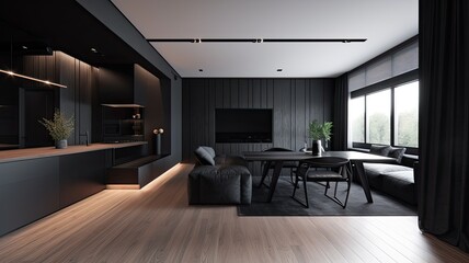 Fototapeta premium Modern living room by black wooden style, interior
