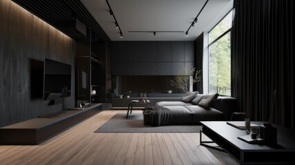 Obraz premium Modern living room by black wooden style, interior