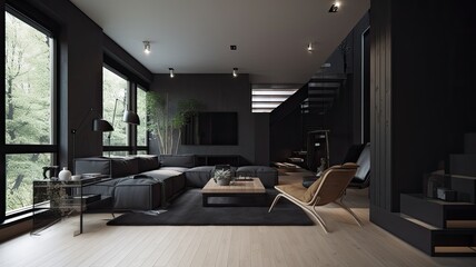 Obraz na płótnie Canvas Modern living room by black wooden style, interior