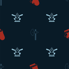 Obraz premium Set Protective gloves, Medieval axe and Anvil and hammer on seamless pattern. Vector