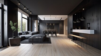 Fototapeta na wymiar Modern living room by black wooden style, interior
