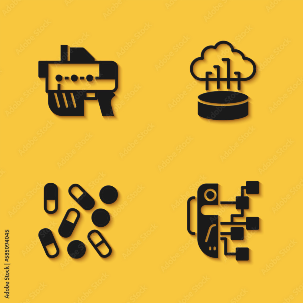 Poster set futuristic weapon, humanoid robot, medical pill biohacking and network cloud connection icon wit