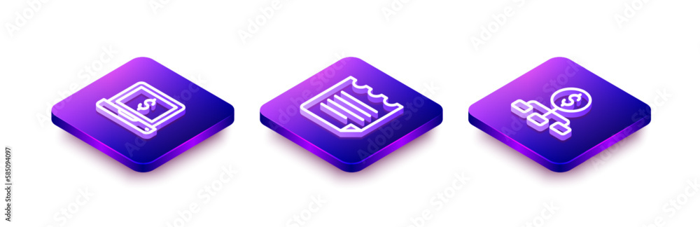 Aufkleber set isometric line laptop with dollar, notebook and hierarchy icon. vector
