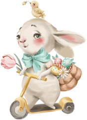 Cute Easter illustration of cute buny on vehicle