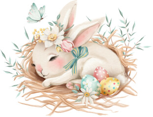 Cute Easter illustration of dreaming white bunny - 585094068