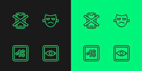 Set line Rating movie, Plus 16, No cell phone and Drama theatrical mask icon. Vector