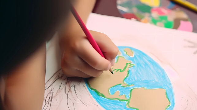 child drawing planet earth on white paper. concept of earth day, or environmental and water preservation