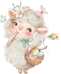 Cute Easter illustration of a sheep with flowers - 585094403