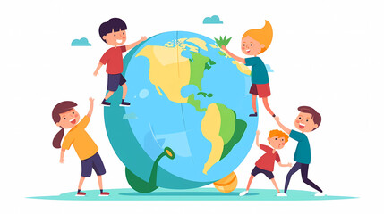 Fototapeta na wymiar children playing together with planet earth. concept illustration of earth day and environmental preservation. generative ai