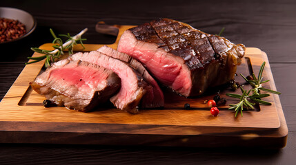 Fototapeta premium delicious steak grilled on a wooden cutting board, with spices, tomatoes, garlic, thyme, salt. generative ai