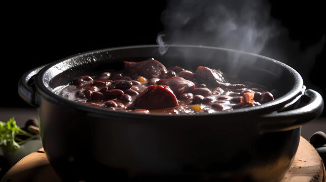 Brazilian traditional feijoada on a dark ceramic with black beans, pork, rice, cassava and orange. top view over wooden table. generative ai