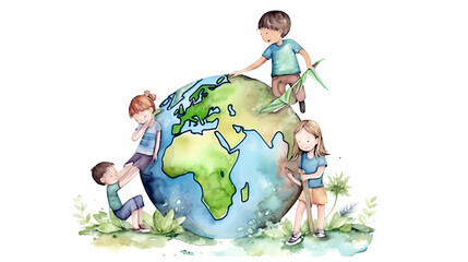 children playing together with planet earth. concept illustration of earth day and environmental preservation. generative ai - Powered by Adobe