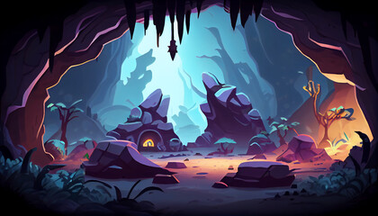 Fototapeta na wymiar Cave 2D background environment for a mobile game. A high quality horizontal background landscape. Gaming template design location. Generative ai
