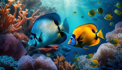 Fototapeta na wymiar Animals of the underwater sea world. Ecosystem. Colorful tropical fish. Life in the coral reef. (ai generated)