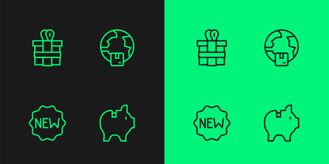 Set line Piggy bank, Price tag with New, Gift box and Worldwide shipping icon. Vector