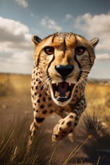 Furious cheetah attacking rushing toward the camera. Generative AI