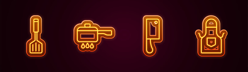 Set line Spatula, Cooking pot on fire, Meat chopper and Kitchen apron. Glowing neon icon. Vector