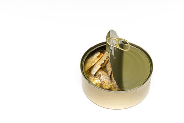 open tin can with fish isolated on white background.