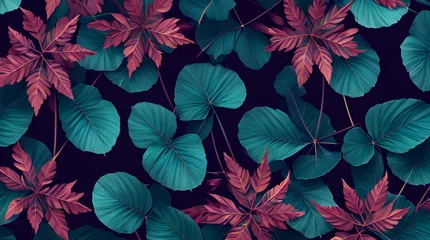 Zelfklevend Fotobehang Foliage Leaves Background Botanical Flowers with copy space  An Artistic Creation of Exotic Leaves in Warm Summery Colors Through Generative AI © GridsAndTiles