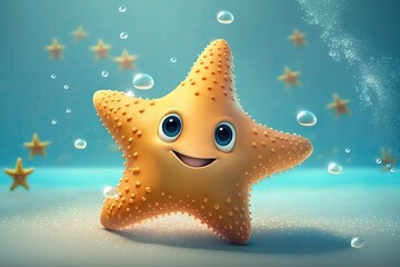 Cute Cartoon Starfish Character Underwater in the Ocean (Generative AI)