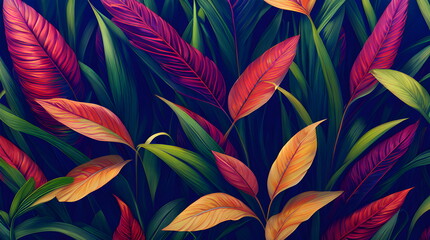 Foliage Leaves Background Botanical Flowers with copy space  An Artistic Creation of Exotic Leaves in Warm Summery Colors Through Generative AI