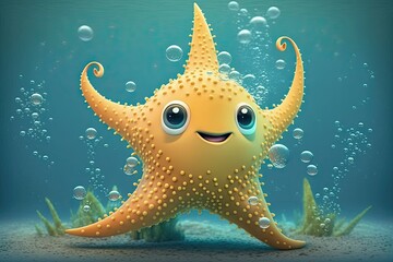Obraz na płótnie Canvas Cute Cartoon Starfish Character Underwater in the Ocean (Generative AI)