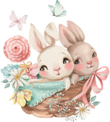 Cute woodland, forest animal illustration. Adorable bunnies in basket with lollipop, candy, bow and flowers. - 585095831
