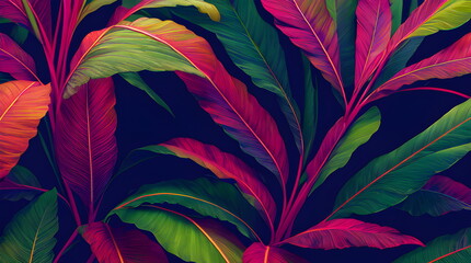 Fototapeta premium Foliage Leaves Background Botanical Flowers with copy space An Artistic Creation of Exotic Leaves in Warm Summery Colors Through Generative AI