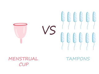 Choice between tampons and menstrual cup. Menstrual protection, vector illustration.