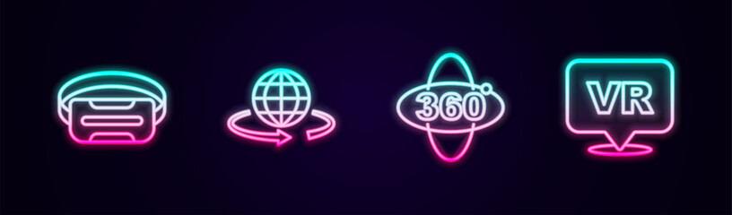 Set line Virtual reality glasses, 3d modeling, 360 degree view and . Glowing neon icon. Vector