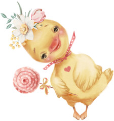 Cute farm animal illustration. Duckling with a candy, lollipop and flowers. - 585096010