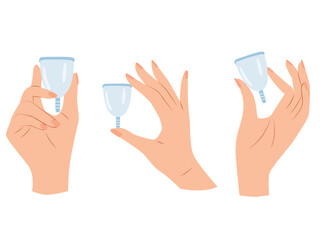 Obraz na płótnie Canvas Zero waste menstrual cups in hands. Eco protection for women in critical days. Vector illustration