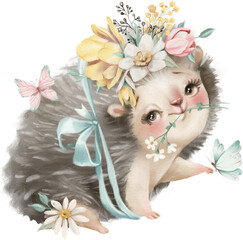 Cute woodland, forest animal illustration. Hedgehog with ribbon and flowers.