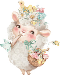 Cute farm animal illustration. Sheep with a basket of flowers. - 585096094