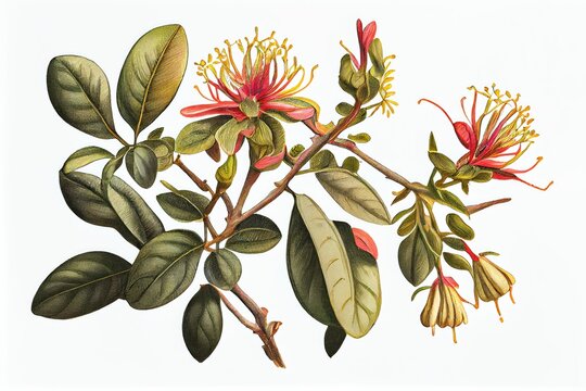Lonicera Periclymenum Botanical Illustration, Honeysuckles, Abstract Generative AI Illustration