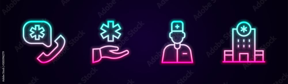 Canvas Prints set line emergency call 911, cross hospital medical, male doctor and hospital building. glowing neon