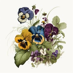 Pansy Flowers Botanical Illustration Isolated, Viola Flower on White Background, Abstract Generative AI Illustration