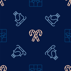 Set line Gift box, Christmas santa claus sleigh and Candy cane with stripes on seamless pattern. Vector