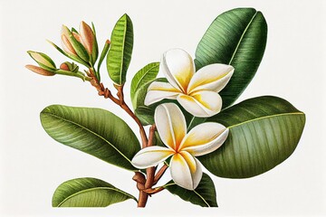Fototapeta premium Plumeria Botanical Illustration, Frangipani Flowers Tropical Flower Abstract Generative AI Illustration