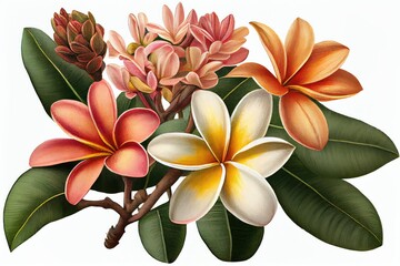 Obraz premium Plumeria Botanical Illustration, Frangipani Flowers Tropical Flower Abstract Generative AI Illustration